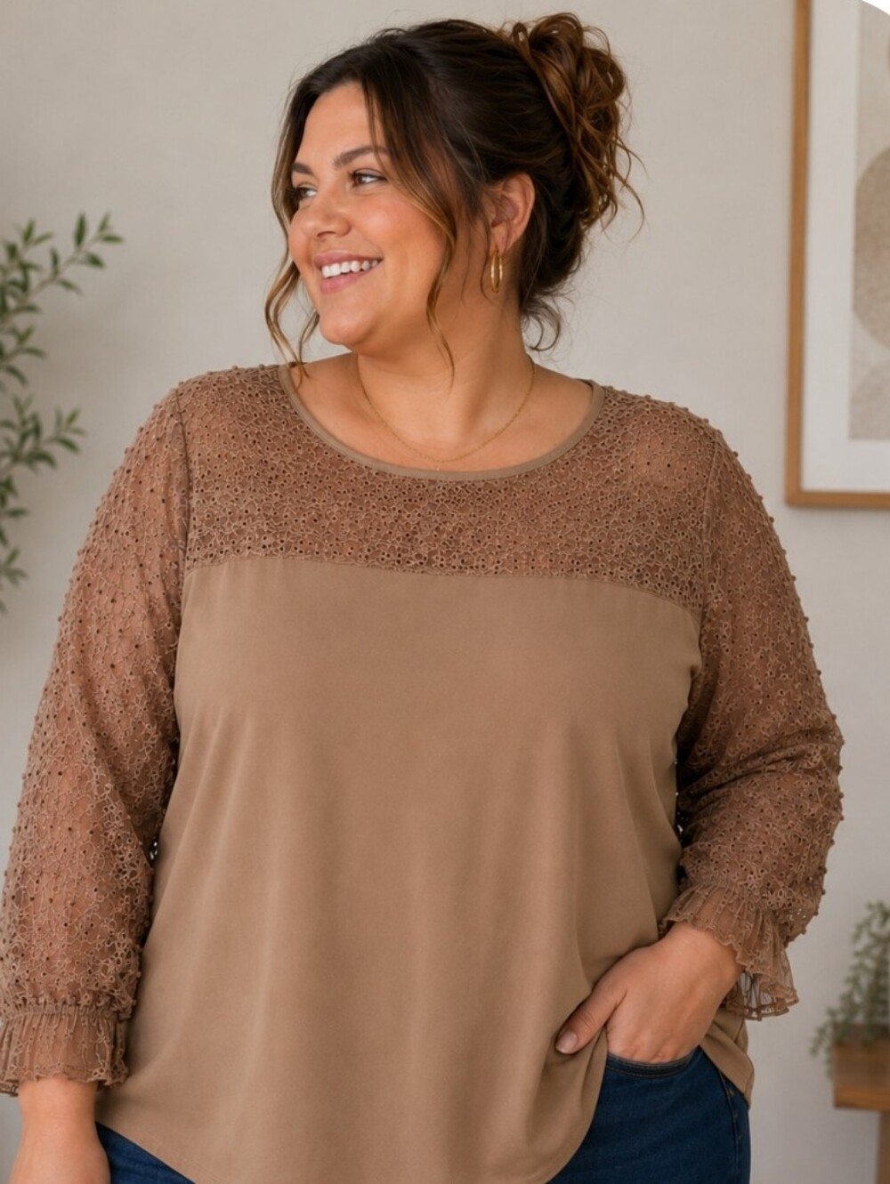 Cato Tan Blouse with Lace Sleeves Size 18/20